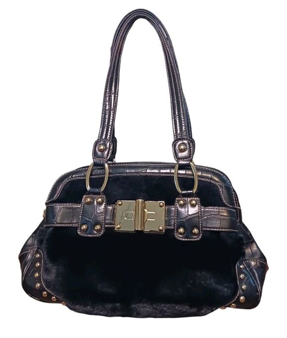 Kathy Van Zeeland Handbags - Y2K Kathy Van Zeeland Black Faux Fur & Gold Studded Glam Handbag Croc Embossed
